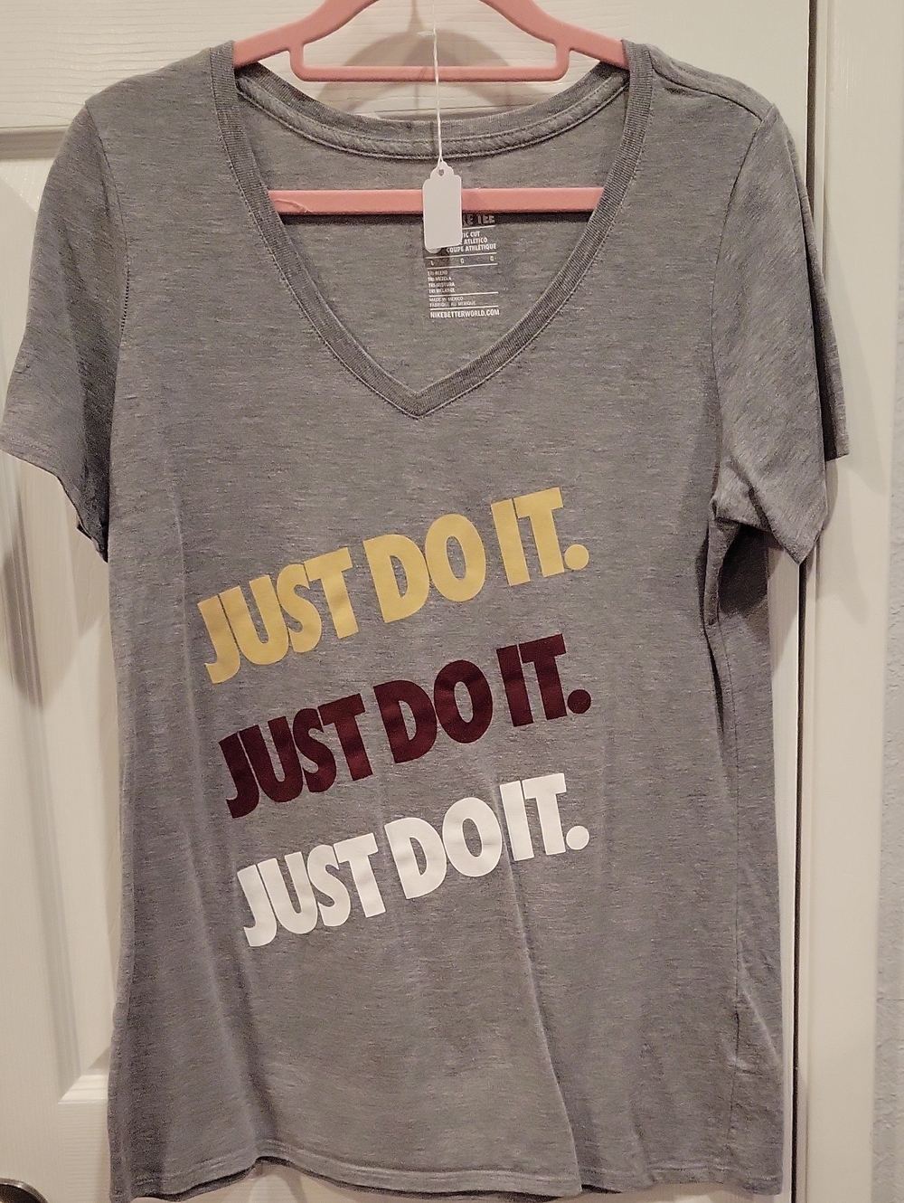 Nike Women’s Gray V-Neck Tee with Multi-Color "Just Do It." Print